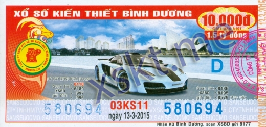Mẫu vé sô xổ số Bình Dương ngày 13/3/2015