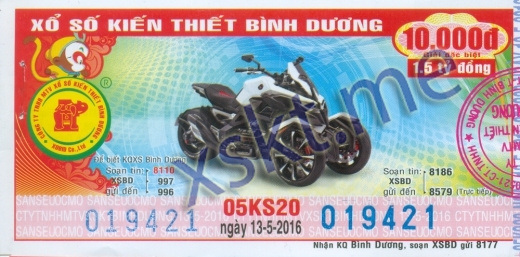 Mẫu vé sô xổ số Bình Dương ngày 13/5/2016
