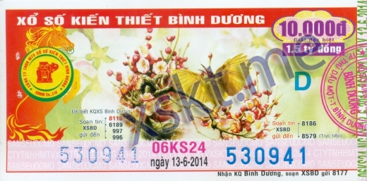 Mẫu vé sô xổ số Bình Dương ngày 13/6/2014