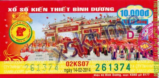 Mẫu vé sô xổ số Bình Dương ngày 14/2/2014