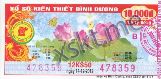 Mẫu vé sô xổ số Bình Dương ngày 14/12/2012