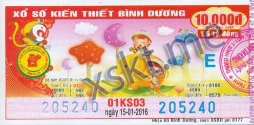 Mẫu vé sô xổ số Bình Dương ngày 15/1/2016