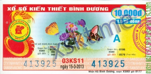Mẫu vé sô xổ số Bình Dương ngày 15/3/2013