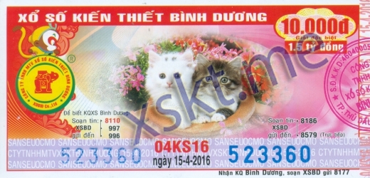 Mẫu vé sô xổ số Bình Dương ngày 15/4/2016