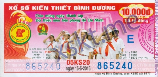 Mẫu vé sô xổ số Bình Dương ngày 15/5/2015