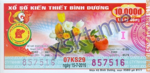 Mẫu vé sô xổ số Bình Dương ngày 15/7/2016