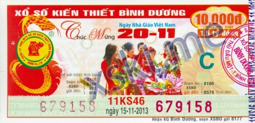 Mẫu vé sô xổ số Bình Dương ngày 15/11/2013
