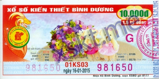 Mẫu vé sô xổ số Bình Dương ngày 16/1/2015