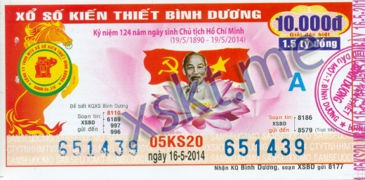 Mẫu vé sô xổ số Bình Dương ngày 16/5/2014