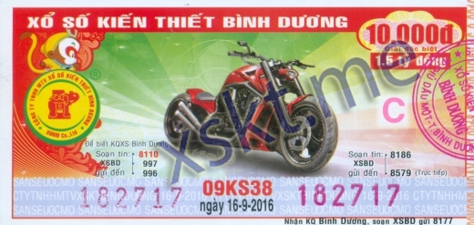 Mẫu vé sô xổ số Bình Dương ngày 16/9/2016