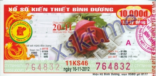 Mẫu vé sô xổ số Bình Dương ngày 16/11/2012