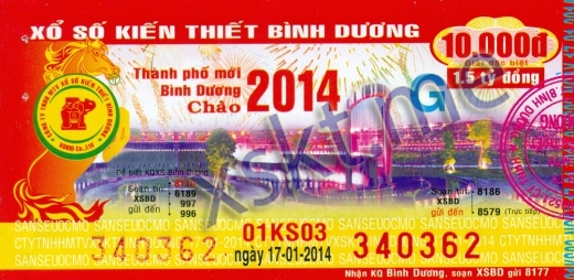 Mẫu vé sô xổ số Bình Dương ngày 17/1/2014