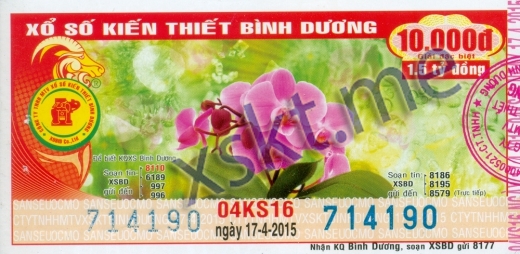 Mẫu vé sô xổ số Bình Dương ngày 17/4/2015