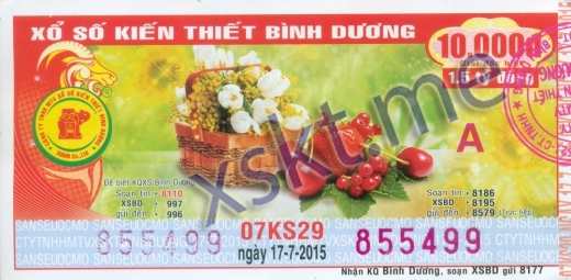 Mẫu vé sô xổ số Bình Dương ngày 17/7/2015
