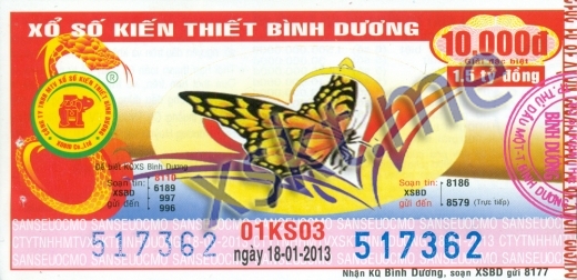 Mẫu vé sô xổ số Bình Dương ngày 18/1/2013