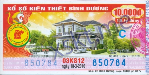 Mẫu vé sô xổ số Bình Dương ngày 18/3/2016