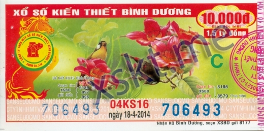 Mẫu vé sô xổ số Bình Dương ngày 18/4/2014