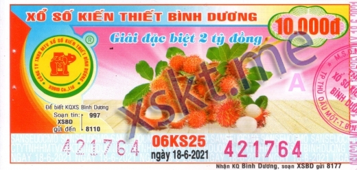 Mẫu vé sô xổ số Bình Dương ngày 18/6/2021