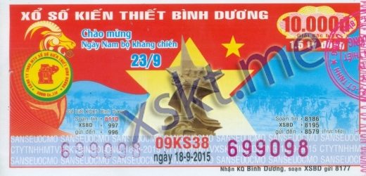 Mẫu vé sô xổ số Bình Dương ngày 18/9/2015