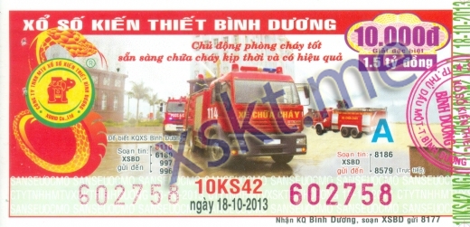 Mẫu vé sô xổ số Bình Dương ngày 18/10/2013