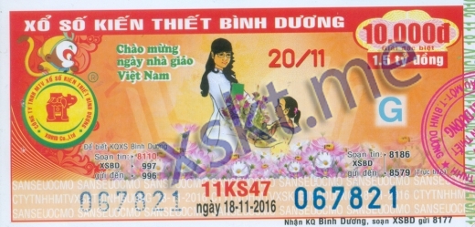 Mẫu vé sô xổ số Bình Dương ngày 18/11/2016