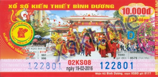 Mẫu vé sô xổ số Bình Dương ngày 19/2/2016