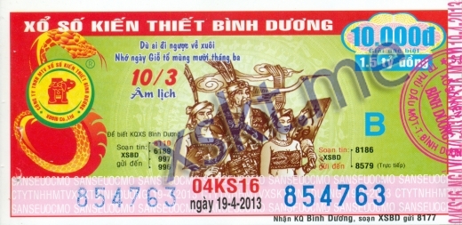 Mẫu vé sô xổ số Bình Dương ngày 19/4/2013
