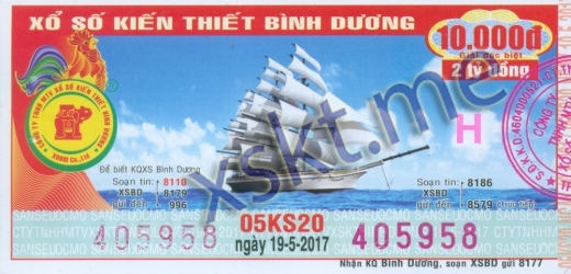 Mẫu vé sô xổ số Bình Dương ngày 19/5/2017
