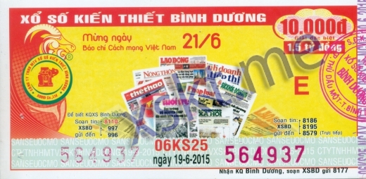 Mẫu vé sô xổ số Bình Dương ngày 19/6/2015