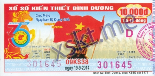 Mẫu vé sô xổ số Bình Dương ngày 19/9/2014