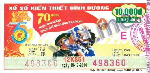 Mẫu vé sô xổ số Bình Dương ngày 19/12/2014