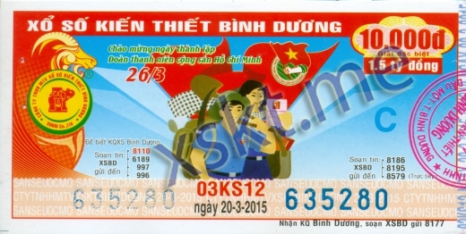 Mẫu vé sô xổ số Bình Dương ngày 20/3/2015