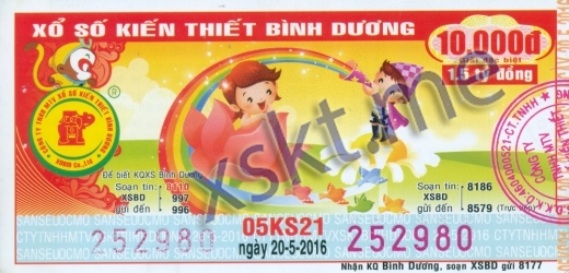 Mẫu vé sô xổ số Bình Dương ngày 20/5/2016
