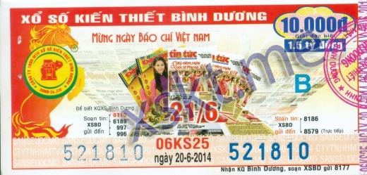 Mẫu vé sô xổ số Bình Dương ngày 20/6/2014