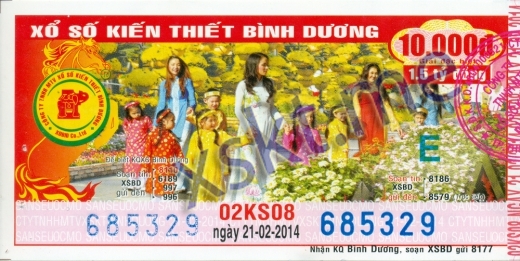Mẫu vé sô xổ số Bình Dương ngày 21/2/2014