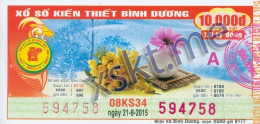 Mẫu vé sô xổ số Bình Dương ngày 21/8/2015