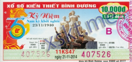 Mẫu vé sô xổ số Bình Dương ngày 21/11/2014