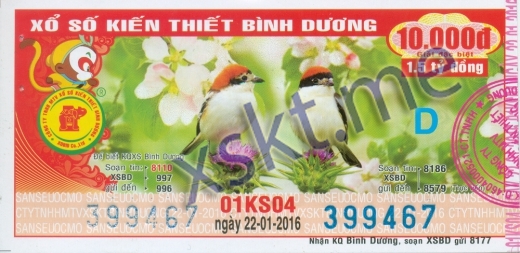 Mẫu vé sô xổ số Bình Dương ngày 22/1/2016