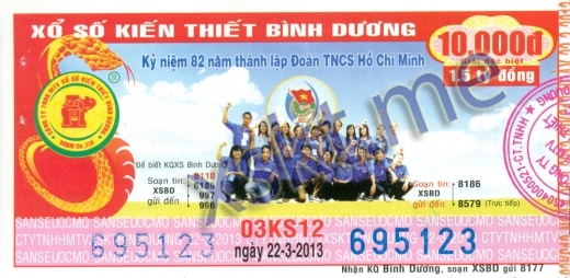 Mẫu vé sô xổ số Bình Dương ngày 22/3/2013