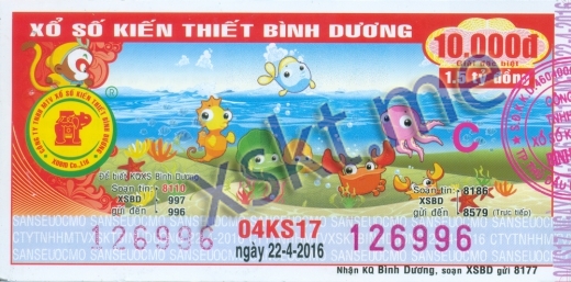Mẫu vé sô xổ số Bình Dương ngày 22/4/2016