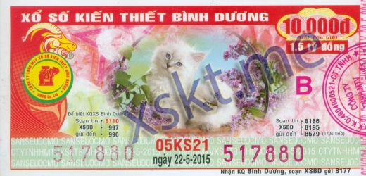 Mẫu vé sô xổ số Bình Dương ngày 22/5/2015