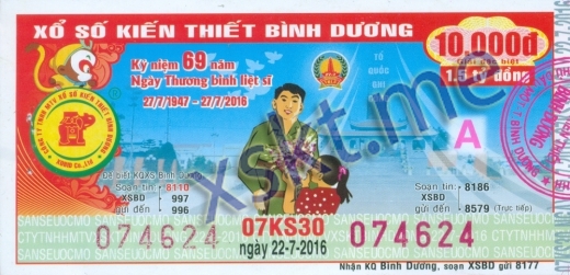 Mẫu vé sô xổ số Bình Dương ngày 22/7/2016