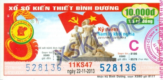 Mẫu vé sô xổ số Bình Dương ngày 22/11/2013