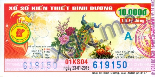 Mẫu vé sô xổ số Bình Dương ngày 23/1/2015