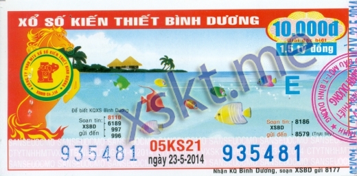 Mẫu vé sô xổ số Bình Dương ngày 23/5/2014