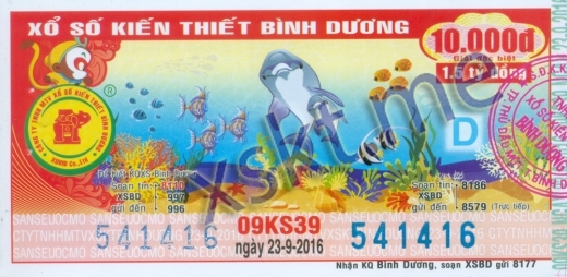 Mẫu vé sô xổ số Bình Dương ngày 23/9/2016