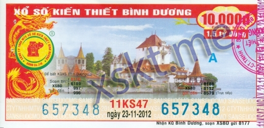 Mẫu vé sô xổ số Bình Dương ngày 23/11/2012