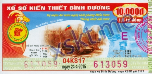 Mẫu vé sô xổ số Bình Dương ngày 24/4/2015