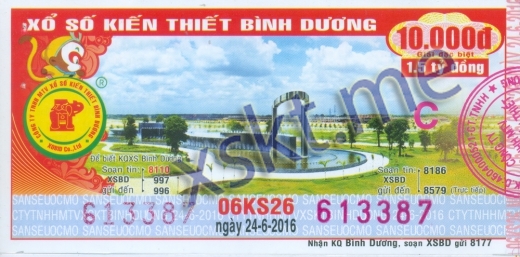 Mẫu vé sô xổ số Bình Dương ngày 24/6/2016