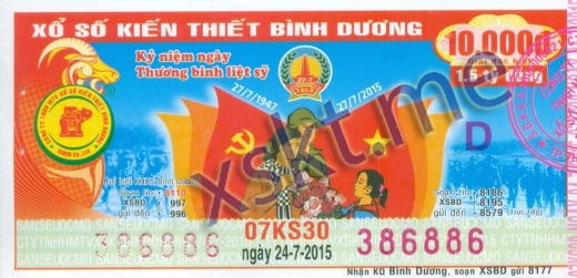 Mẫu vé sô xổ số Bình Dương ngày 24/7/2015